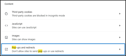 The Content section of the Site settings page of the Chrome web browser. A box surrounds the Pop-ups and redirects option.