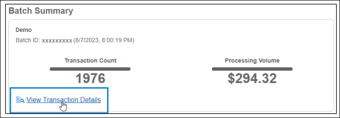 A Batch Summar screen. A box surrounds the View Transaction Details link and a cursor hovers over it.