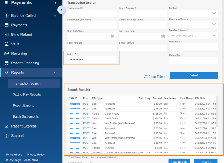 The Transaction Search screen with the Batch ID field filled and multiple entries listed under Search Results. Boxes surround the Batch ID field and Search Results field.