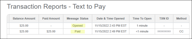 The Transaction Reports – Text to Pay table. The Message Status columns two entries are highlighted and say Opened and Paid respectively.