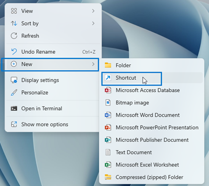 A portion of a PC desktop screen showing the menus that appear by right-clicking and selecting New > Shortcut.
