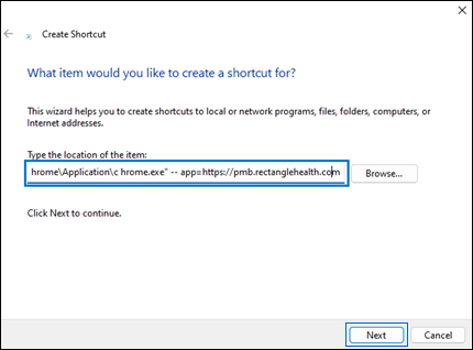 The Create Shortcut ”What item would you like to create a shortcut for?" screen, with the ”Type the location of the item:” field filled in. A box surrounds the ”Type the location of the item:” field.