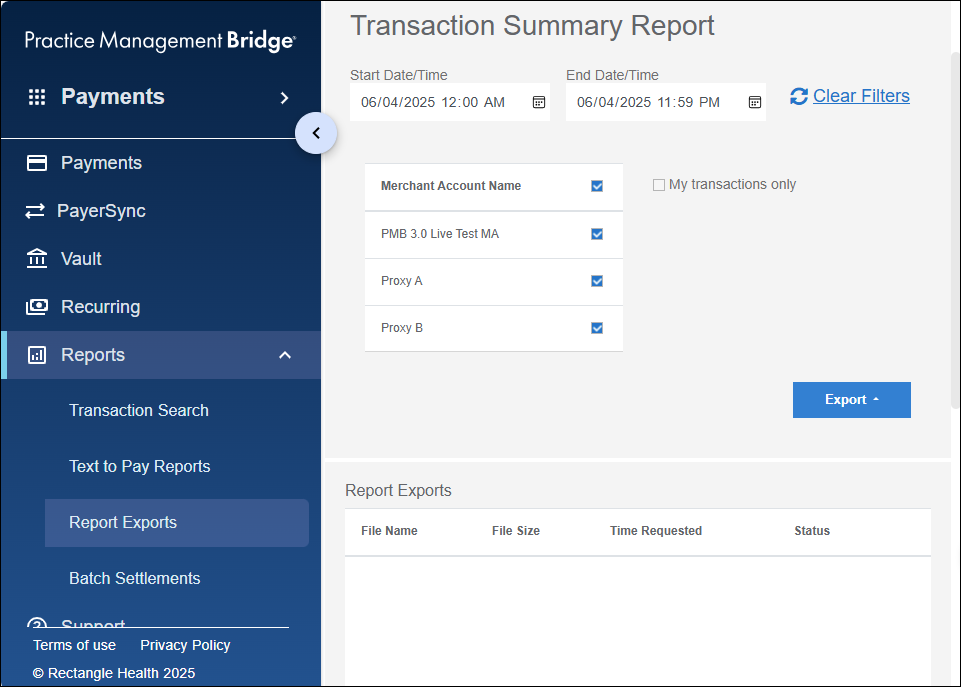 The Report Exports screen. It has two sections: Transaction Summary Report and Report Exports.