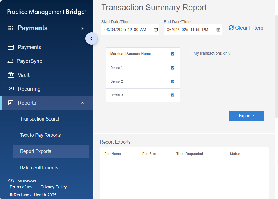 The Report Exports screen. It has two sections: Transaction Summary Report and Report Exports.