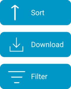 Three buttons ordered vertically that say Sort, Download, and Filter. Sort has an up arrow icon, Download has a down arrow and half rectangle icon, and Filter has three horizontal lines with the middle and bottom line smaller in size.