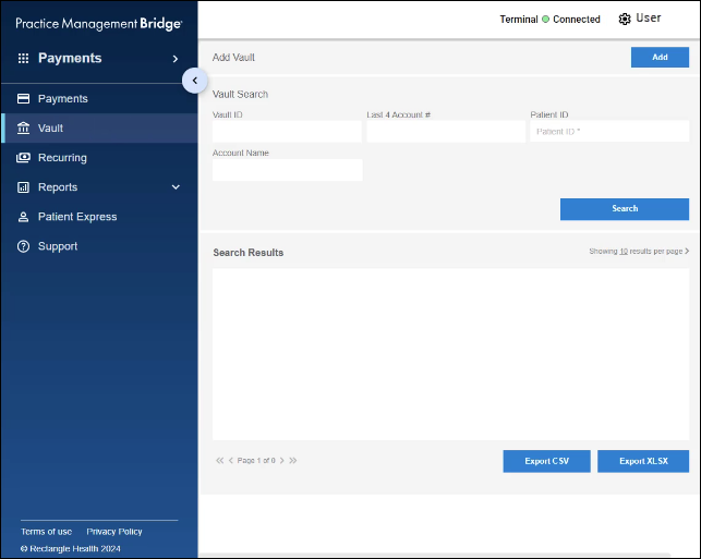 The Vault screen of Bridge Payments. The following sections are shown: Add Vault, Vault Search, and Search Results.