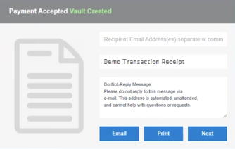 The Payment Approved window. It has fields for recipient email address(es), the subject line, and custom message, and Email, Print, and Next buttons.