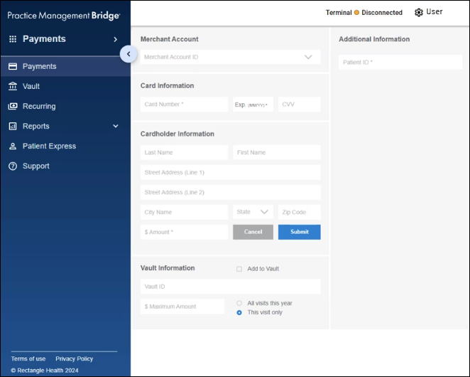 The Payments screen of Bridge Payments. It has the following sections: Merchant Account, Card Information, Cardholder Information, Vault Information, and Additional Information.