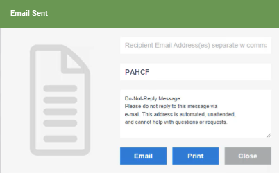 The PAHCF pop-up. It has fields for email recipient(s), a subject, and email body. Email, Print, and Close buttons are available. The pop-up's header reads Email Sent.