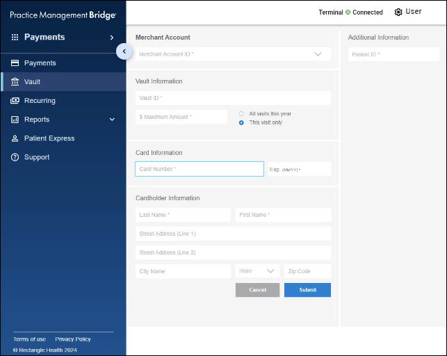 The Vault > Add Vault screen. The following sections are shown: Vault Information, Card Information, Cardholder Information, and Additional Information.
