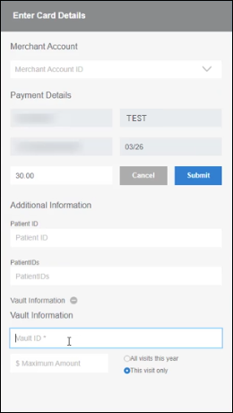 The Enter Card Details pop-up. The Vault Information section is expanded.