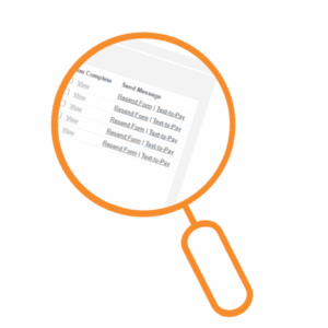 A magnifying glass icon. The center shows the new button labels, Resend Form and Text-to-Pay, under the Send Message column in Bridge Payments.