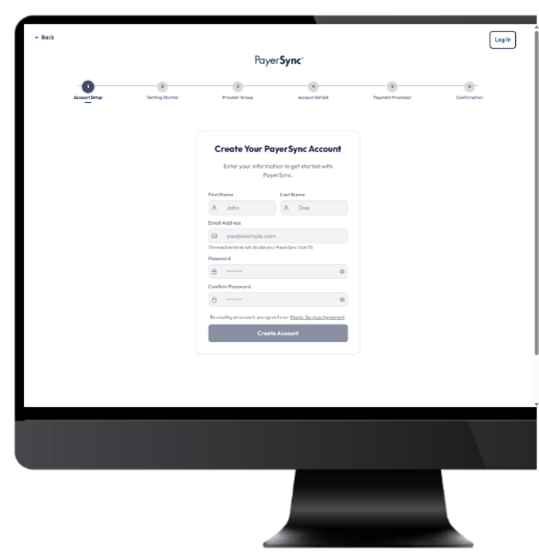 A partial computer screen that shows the PayerSync onboarding process.