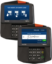 Two payment terminals. One terminal's screen shows "TAP, INSERT, OR SWIPE CARD" with matching icons. The other terminal's screen shows a signed signature.