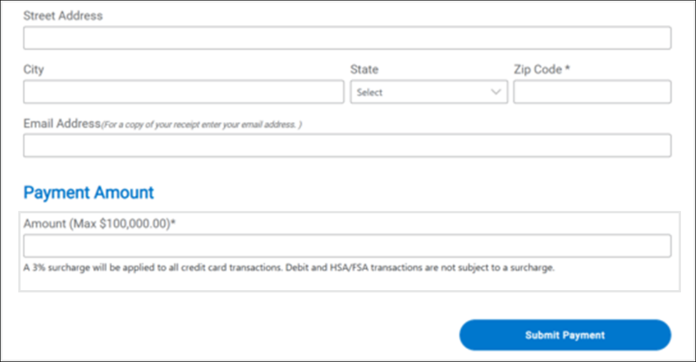 A sample online payment page. A surcharge message is in the Payment Amount section that reads, “A 3% surcharge will be applied to all credit card transactions. Debit and HSA/FSA transactions are not subject to a surcharge.”