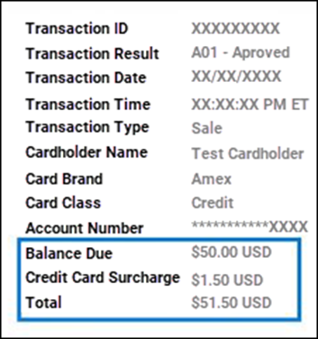 A sample transaction receipt. A box surrounds the Balance Due, Credit Card Surcharge, and Total line items, which are $50.00, $1.50, and $51.50 respectively.