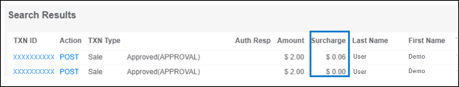 The Search Results section of Reports > Transaction Search in Bridge Payments. A box surrounds the Surcharge column and the amounts in it.