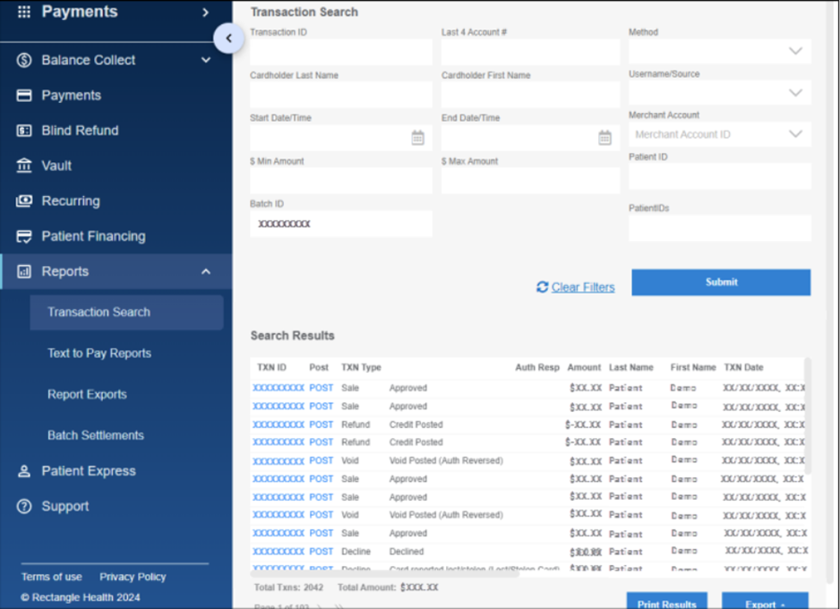The Reports > Transaction Search screen. Numbered arrows point to the following: 1 > Cardholder Last Name, 2 > Submit button, 3 > TXN ID. 