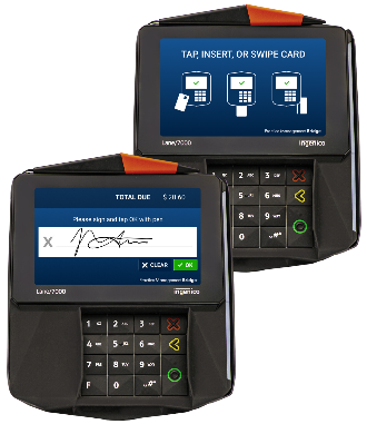 Two card readers, with one displaying a signature screen while the other displays icons to tap, insert, or swipe a card.