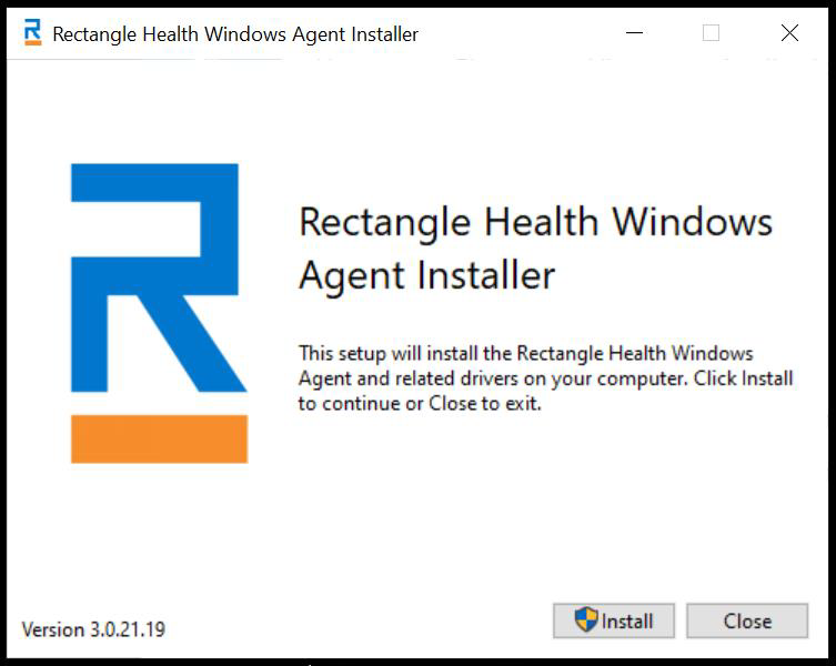 The Rectangle Health Windows Agent Installer window. An Install button is in the bottom right corner.