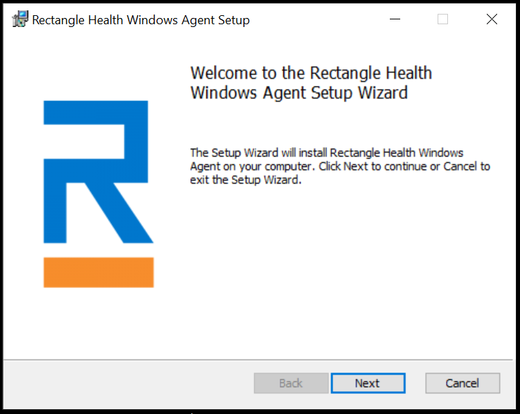 The Rectangle Health Windows Agent Setup window. It says ”Welcome to the Rectangle Health Windows Agent Setup Wizard”. A Next button is in the bottom right corner.