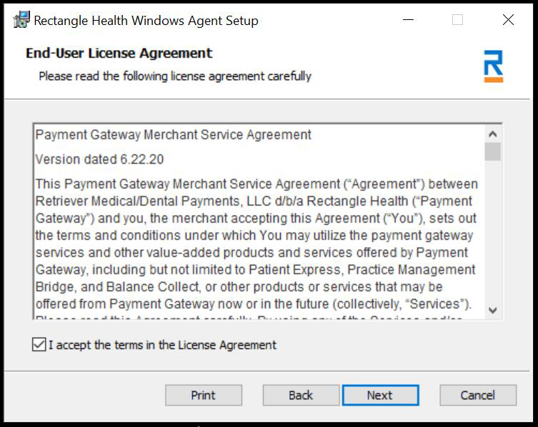 The Rectangle Health Windows Agent Setup. The End-User License Agreement is displayed, with a checkbox to accept the terms in the License Agreement. A Next button is available.