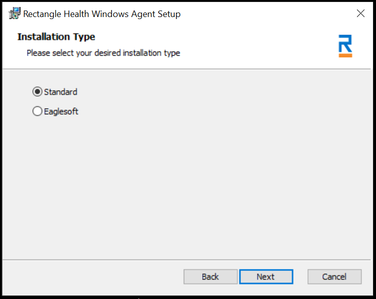 The Rectangle Health Windows Agent Setup. There are options to choose the desired installation type: Standard or Eaglesoft. A Next button is available.