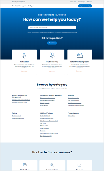 The Bridge Payments Help Center Home page.